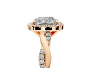 Halo Engagement Ring Setting for Cushion Cut Center with Pave and Plain Twist Band and Prong Head in Rose Gold