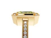 Halo Engagement Ring Setting for Fancy Yellow Emerald Cut Center with Milgrain Halo, Pave Band and Prong Head in Yellow Gold