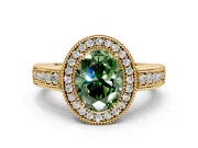 Milgrain Halo Engagement Ring Setting for Fancy Green Oval Center with Pave Band and Prong Head in Yellow Gold