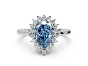 Starburst Halo Engagement Ring Setting for Fancy Blue Pear-Shaped Center with Thin Round-Wire Band and Prong Head in Sterling Silver