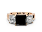 3 Stone Engagement Ring Setting for Fancy Black Princess Cut Center with Raised Basket Heads and Prong Head in Rose Gold