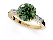 3 Stone Engagement Ring Setting for Fancy Green Round Cut Center with Baguette Accents and Prong Head in Yellow Gold