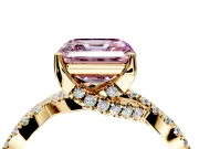 Solitaire Engagement Ring Setting for Fancy Pink Asscher Cut Center with Narrow Twist Pave Band and Prong Head in Yellow Gold