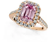 Halo Engagement Ring Setting for Fancy Pink Emerald Cut Center with Raised Halo, Pave Band and Prong Head in Rose Gold