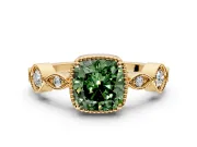 Vintage Station Engagement Ring Setting for Fancy Green Cushion Cut Center with Accents and Prong Head in Yellow Gold