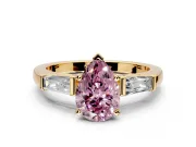 3 Stone Engagement Ring Setting for Fancy Pink Pear-Shaped Center with Tapered Baguettes, Plain Band and Prong Head in Yellow Gold