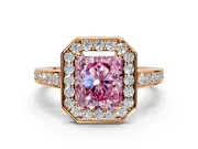 Bezel-Framed Halo Engagement Ring Setting for Fancy Pink Radiant Cut Center with Pave Band and Prong Head in Rose Gold