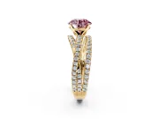 Solitaire Engagement Ring Setting for Fancy Pink Round Cut Center with Woven 3-Strand Pave Band and Prong Head in Yellow Gold