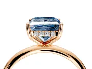 Hidden Halo Engagement Ring Setting for Fancy Blue Princess Cut Center with Thin Round-Wire Band and Prong Head in Rose Gold