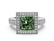 Milgrain Halo Engagement Ring Setting for Fancy Green Princess Cut Center with Pave Band and Prong Head in Platinum