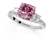 3 Stone Engagement Ring Setting for Fancy Pink Cushion Cut Center with Round Cut Side Accents and Prong Head in Sterling Silver