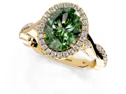 Halo Engagement Ring Setting for Fancy Green Oval Center with Twist Band and Prong Head in Yellow Gold