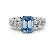 Cluster Engagement Ring Setting for Fancy Blue Emerald Cut Center with 2-Row Shoulder Clusters and Prong Head in Sterling Silver