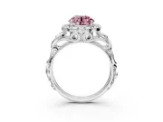 Halo Engagement Ring Setting for Fancy Pink Round Cut Center with Open Scroll Shoulders and Prong Head in Sterling Silver