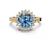Starburst Halo Engagement Ring Setting for Fancy Blue Round Cut Center with Flat Cathedral Band and Prong Head in Yellow Gold