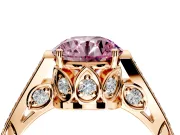 Cathedral Engagement Ring Setting for Fancy Pink Round Cut Center with Antique-Style Pave Band and Prong Head in Rose Gold