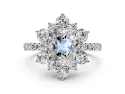 Floral Halo Engagement Ring Setting for Oval Center with Pave Accents and Prong Head in Platinum