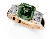 3 Stone Engagement Ring Setting for Fancy Green Asscher Cut Center with Raised Basket Heads and Prong Head in Rose Gold