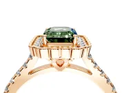 Milgrain Floral Halo Engagement Ring Setting for Fancy Green Emerald Cut Center with Pave Band and Prong Head in Rose Gold