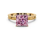 Solitaire Engagement Ring Setting for Fancy Pink Princess Cut Center with Engraved Milgrain Band and Prong Head in Yellow Gold