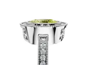 Halo Engagement Ring Setting for Fancy Yellow Oval Center with Milgrain Halo, Pave Band and Prong Head in White Gold