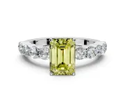 Shared-Prong Engagement Ring Setting for Fancy Yellow Emerald Cut Center with Graduated Accents and Prong Head in White Gold
