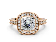 Halo Engagement Ring Setting for Cushion Cut Center with Milgrain Halo, Pave Band and Prong Head in Rose Gold