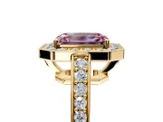 Bezel-Framed Halo Engagement Ring Setting for Fancy Pink Emerald Cut Center with Pave Band and Prong Head in Yellow Gold