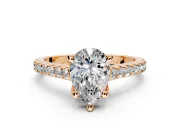 Solitaire Engagement Ring Setting for Pear-Shaped Center with Widening Pave Band and Claw Prong Head in Rose Gold