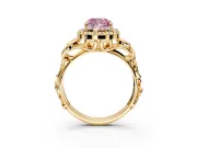 Halo Engagement Ring Setting for Fancy Pink Cushion Cut Center with Open Scroll Shoulders and Prong Head in Yellow Gold