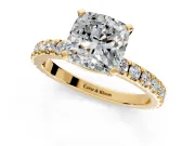 Solitaire Engagement Ring Setting for Cushion Cut Center with Fine Pave Band and Claw Prong Head in Yellow Gold