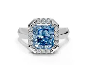Halo Engagement Ring Setting for Fancy Blue Radiant Cut Center with Square Band and Prong Head in Sterling Silver