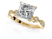 Solitaire Engagement Ring Setting for Princess Cut Center with Milgrain Bezel Accents and Prong Head in Yellow Gold