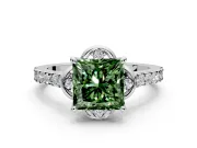 Floral Engagement Ring Setting for Fancy Green Princess Cut Center with Pave Band and Floral Prong Head in Platinum