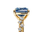 Solitaire Engagement Ring Setting for Fancy Blue Asscher Cut Center with Trailing Leaf Accent Band and Prong Head in Yellow Gold