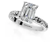 Solitaire Engagement Ring Setting for Emerald Cut Center with XO Engraved Band and Prong Head in Sterling Silver
