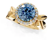 Halo Engagement Ring Setting for Fancy Blue Round Cut Center with Floral Band and Prong Head in Yellow Gold