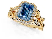 Halo Engagement Ring Setting for Fancy Blue Emerald Cut Center with Leaf Motif Split Shank and Prong Head in Yellow Gold