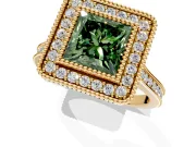 Halo Engagement Ring Setting for Fancy Green Princess Cut Center with Milgrain Frame, Pave Band and Prong Head in Yellow Gold