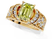 Pave Engagement Ring Setting for Fancy Yellow Emerald Cut Center with Curved Accent Rows, Openwork and Prong Head in Yellow Gold