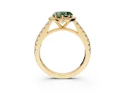 Halo Engagement Ring Setting for Fancy Green Heart-Shaped Center with Full Pave Band and Prong Head in Yellow Gold