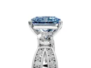 3 Stone Engagement Ring Setting for Fancy Blue Radiant Cut Center with Pave Twist Band and Prong Head in Platinum