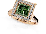 Single Halo Engagement Ring Setting for Fancy Green Princess Cut Center with Corner Claws, Plain Band and Prong Head in Rose Gold