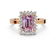 Starburst Halo Engagement Ring Setting for Fancy Pink Emerald Cut Center with Flat Cathedral Band and Prong Head in Rose Gold
