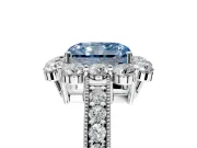 Halo Engagement Ring Setting for Fancy Blue Radiant Cut Center with Milgrain Channel Band and Prong Head in Sterling Silver
