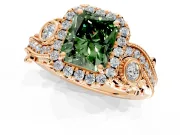 Milgrain Halo Engagement Ring Setting for Fancy Green Radiant Cut Center with Shoulder Bezels and Prong Head in Rose Gold