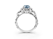 Halo Engagement Ring Setting for Fancy Blue Oval Center with Open Scroll Shoulders and Prong Head in Platinum