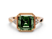 Cluster Engagement Ring Setting for Fancy Green Asscher Cut Center with Milgrain Shoulder Clusters and Prong Head in Rose Gold