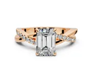 Crossover Engagement Ring Setting for Emerald Cut Center with Pave and Plain Strands and Prong Head in Rose Gold