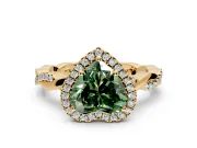Halo Engagement Ring Setting for Fancy Green Heart-Shaped Center with Pave and Plain Twist Band and Prong Head in Yellow Gold